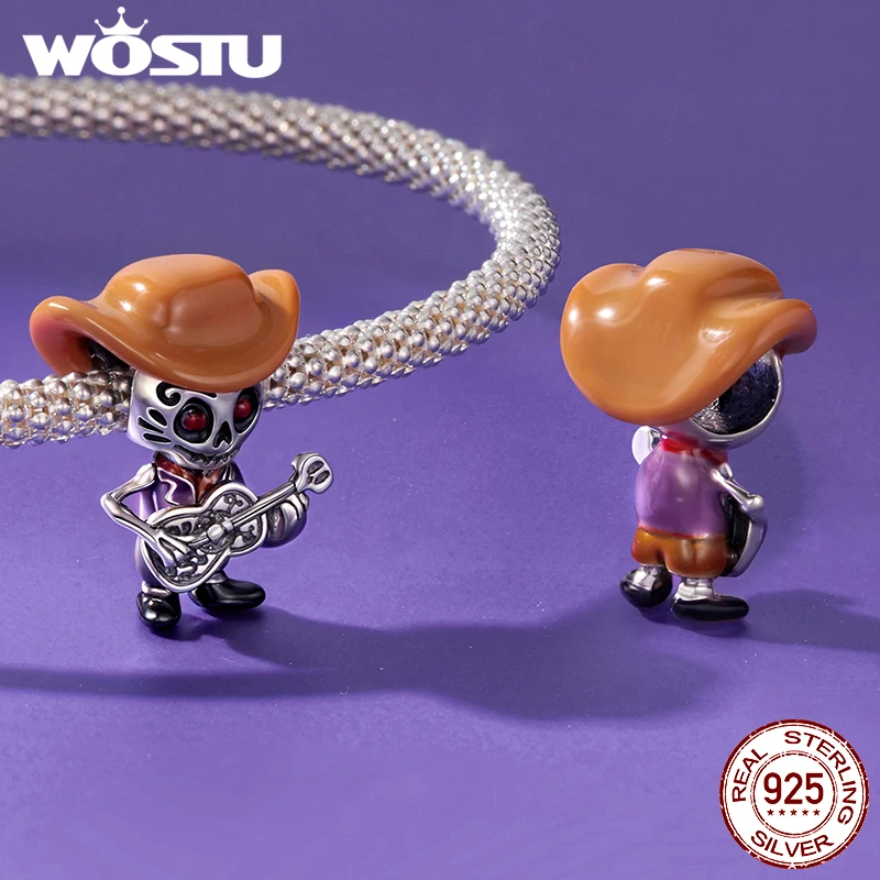 WOSTU 925 스털링 실버 해골 기타리스트 참 해골 사진 액자 펜던트 여성용 팔찌 DIY 고급 주얼리 선물