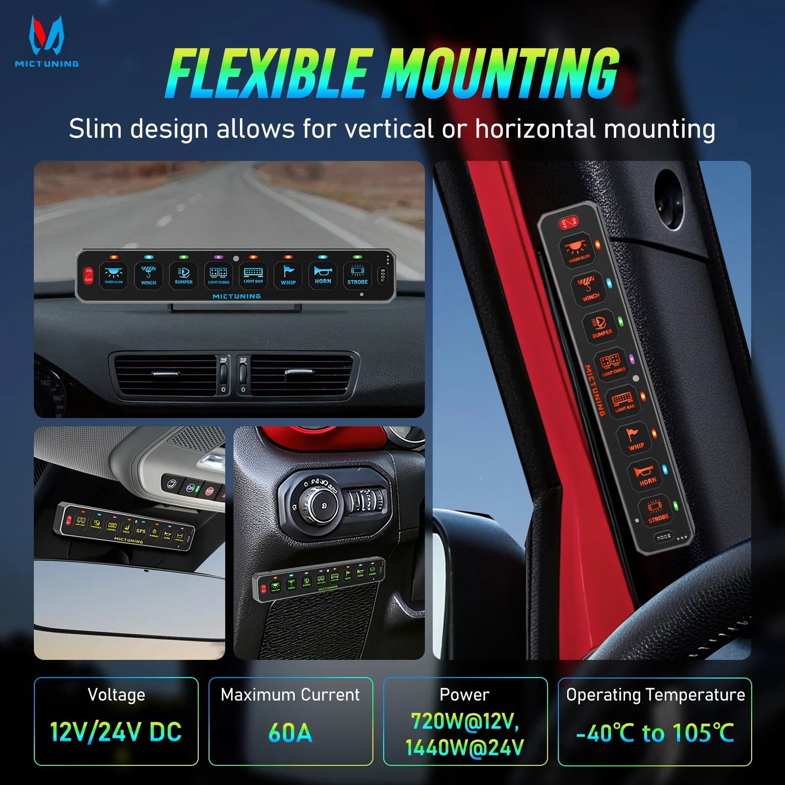 MICTUNING RGB Wireless Switch Panel MS-W 8-Gang 197FT Long Range  Multi-Panel Control, RGB Dimmable Backlit No Drilling for Car