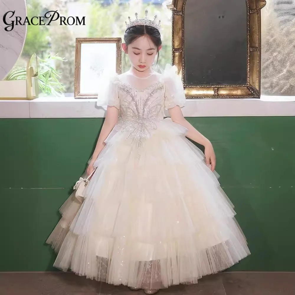 

Elegant Ivory Tulle Flower Girl Dress Puff Short Sleeve Beaded Bodice Layered Skirt Kids Princess Wedding Pageant Formal Gown