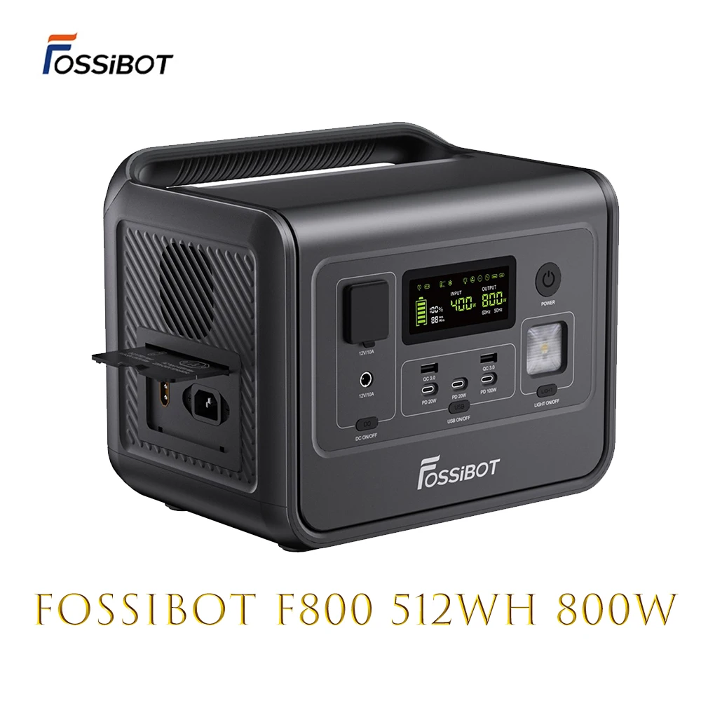 FOSSiBOT F800 Portable Power Station, 512Wh LiFePO4 Solar Generator, 800W AC Output, 200W Max Solar Input, 8 Outlets, LED Light