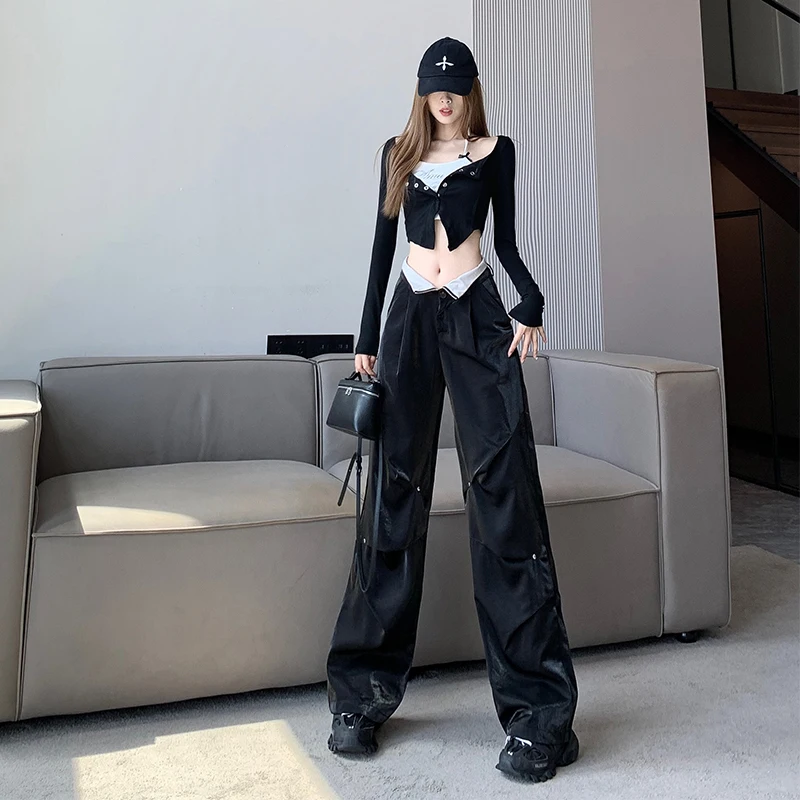 New autumn and winter black high waisted straight leg wide leg pants with a spicy girl's work pants and pleated long pants