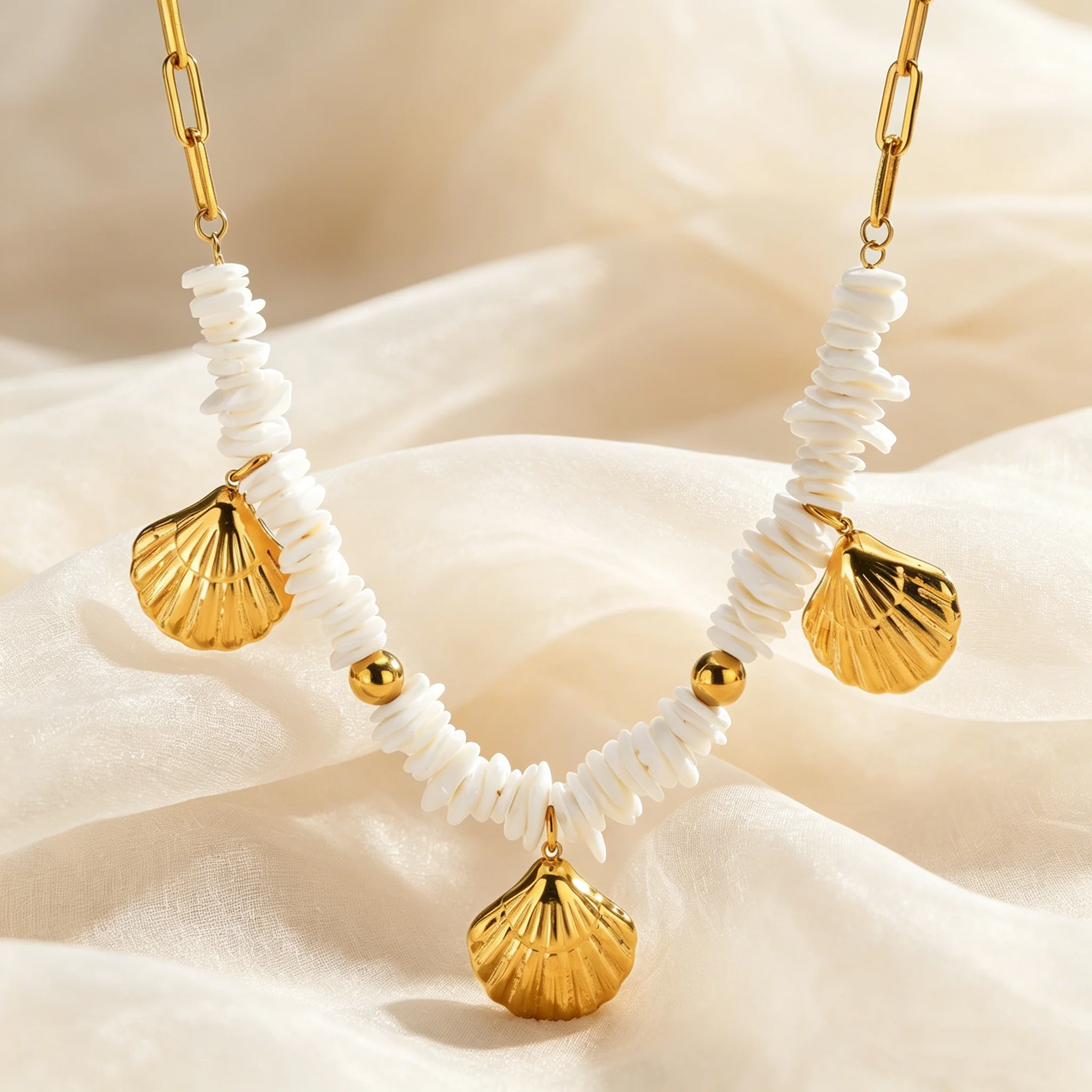 Fashion Irregular Shell Necklace for Women Stainless Steel Waterproof Vacation Style Ocean Series Statement Jewelry Gifts