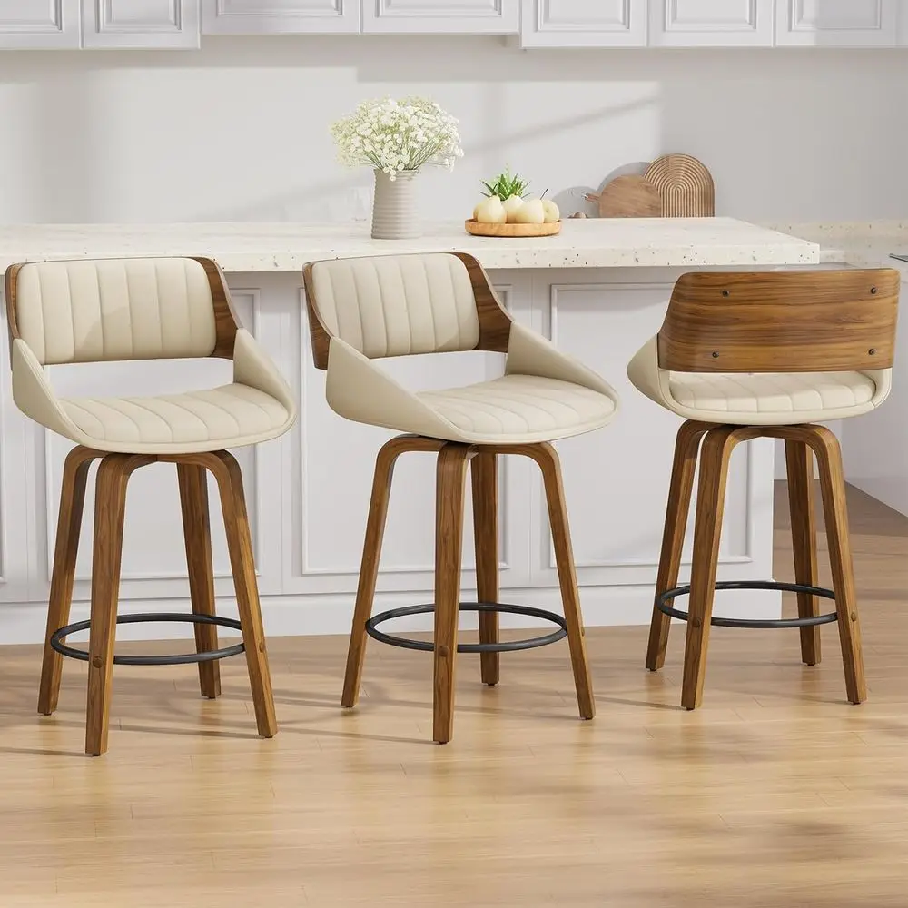 

Set of 3 26 Swivel Counter Height Barstools, Walnut Bentwood Back & Legs, Cream Leather Upholstered Seats for Kitchen Island or