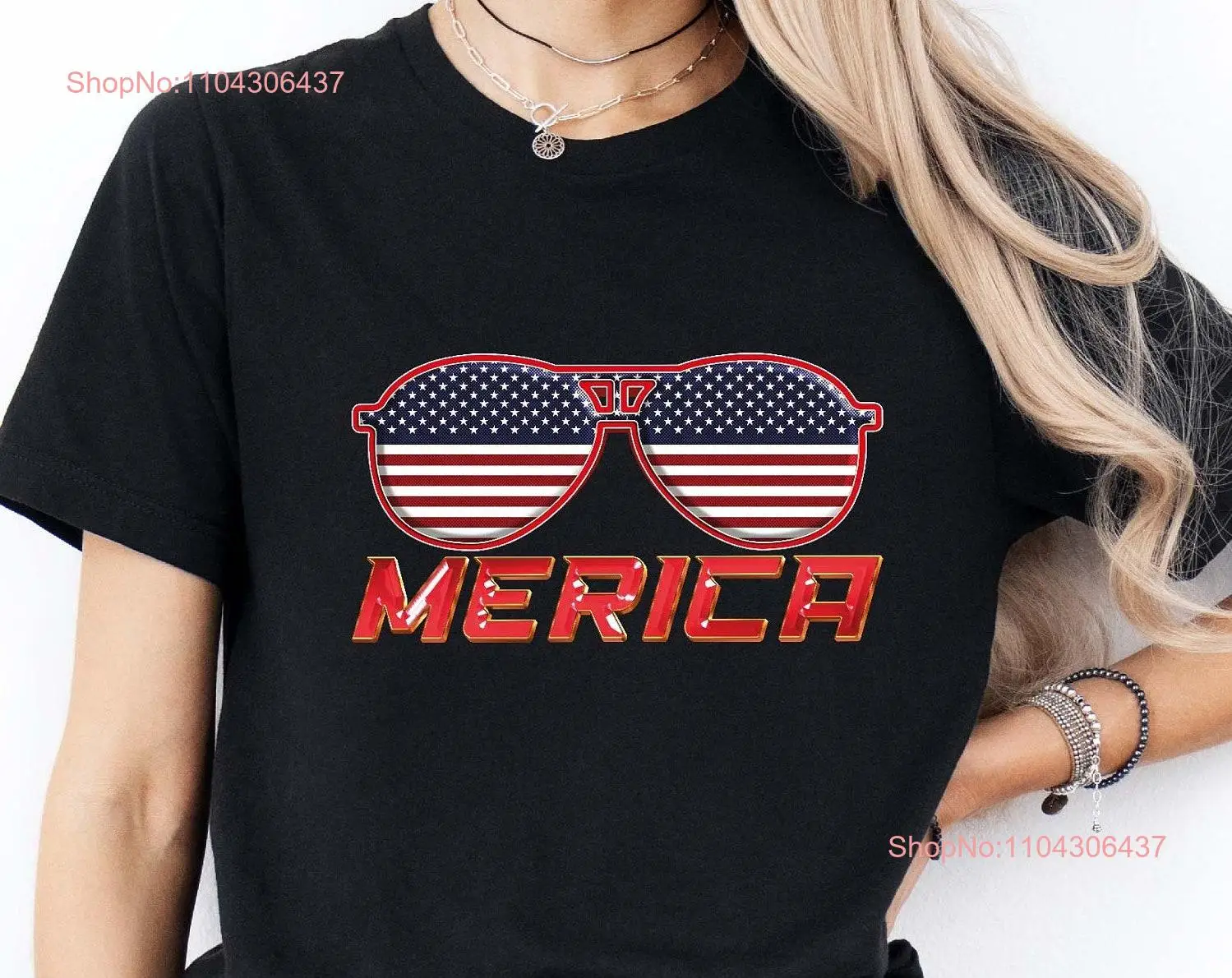 Stars And Stripes Merica Sunglasses T Shirt Red White Blue Fourth Of July Land America long or short sleeves