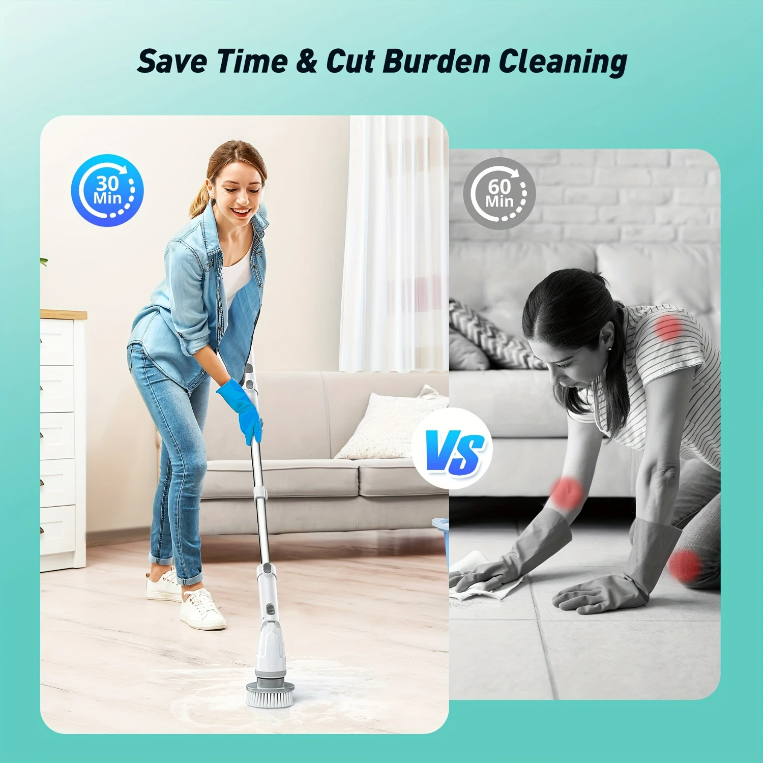 

Powerful Adjustable Long Handle Spin Scrubber Set with 4 Replaceable Brush Head for Deep Cleaning - Ideal for Shower, Bathroom,