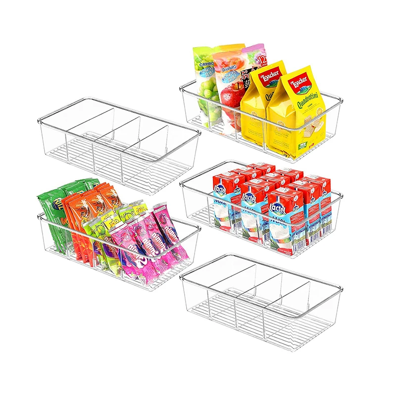 4 Grids Clear Pantry Organization Food Storage Bins With Removable Dividers Kitchen Refrigerator Organizer Cabinet Drawer Box