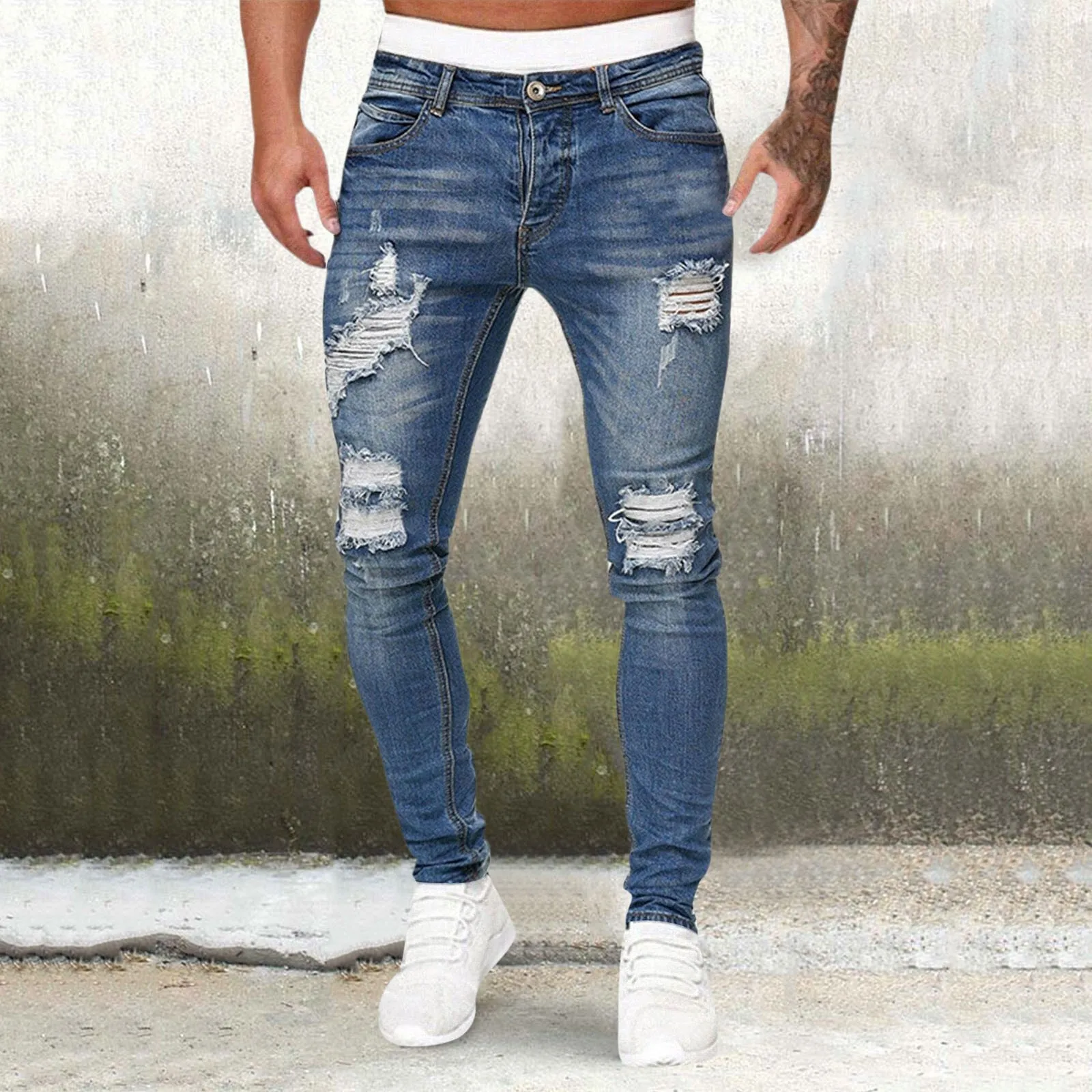 

Men's Casual Hip Hop Sports Jeans High Stretch Tight Wash Polished White Fit Zipper Ripped Denim Pants pantalones hombre