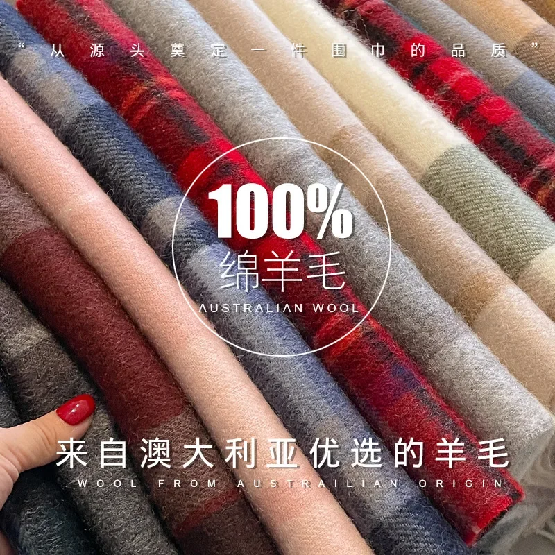 Fashion Classic 100% Wool Plaid Red Scarf Women Couples Autumn Winter Warm Cashmere Thermal Soft Muffler Female Long Wraps Men