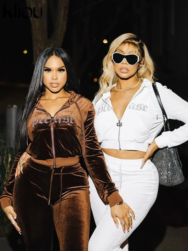 kliou Winter Women Pleuche 2 Piece Set Casual Letter Diamond Patchwork Hooded Tops+Elastic Solid Pants Female Matching Outfits