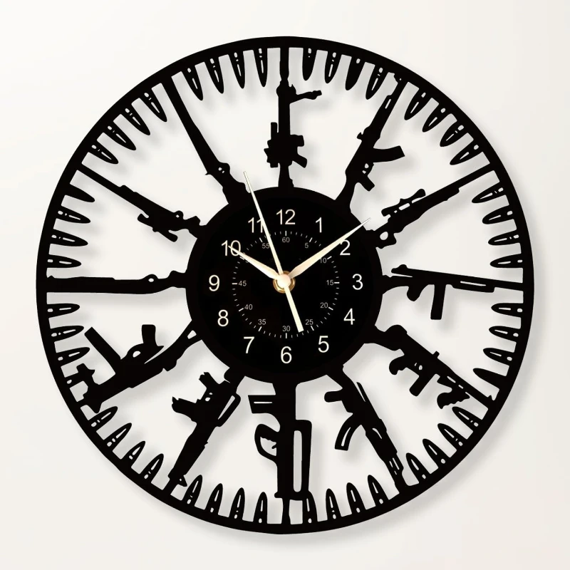 Machine Gun Vinyl Record Wall Clock Firearms Art Home Theme Clock Living Room Children's Room Game Room Wall Decoration Watch