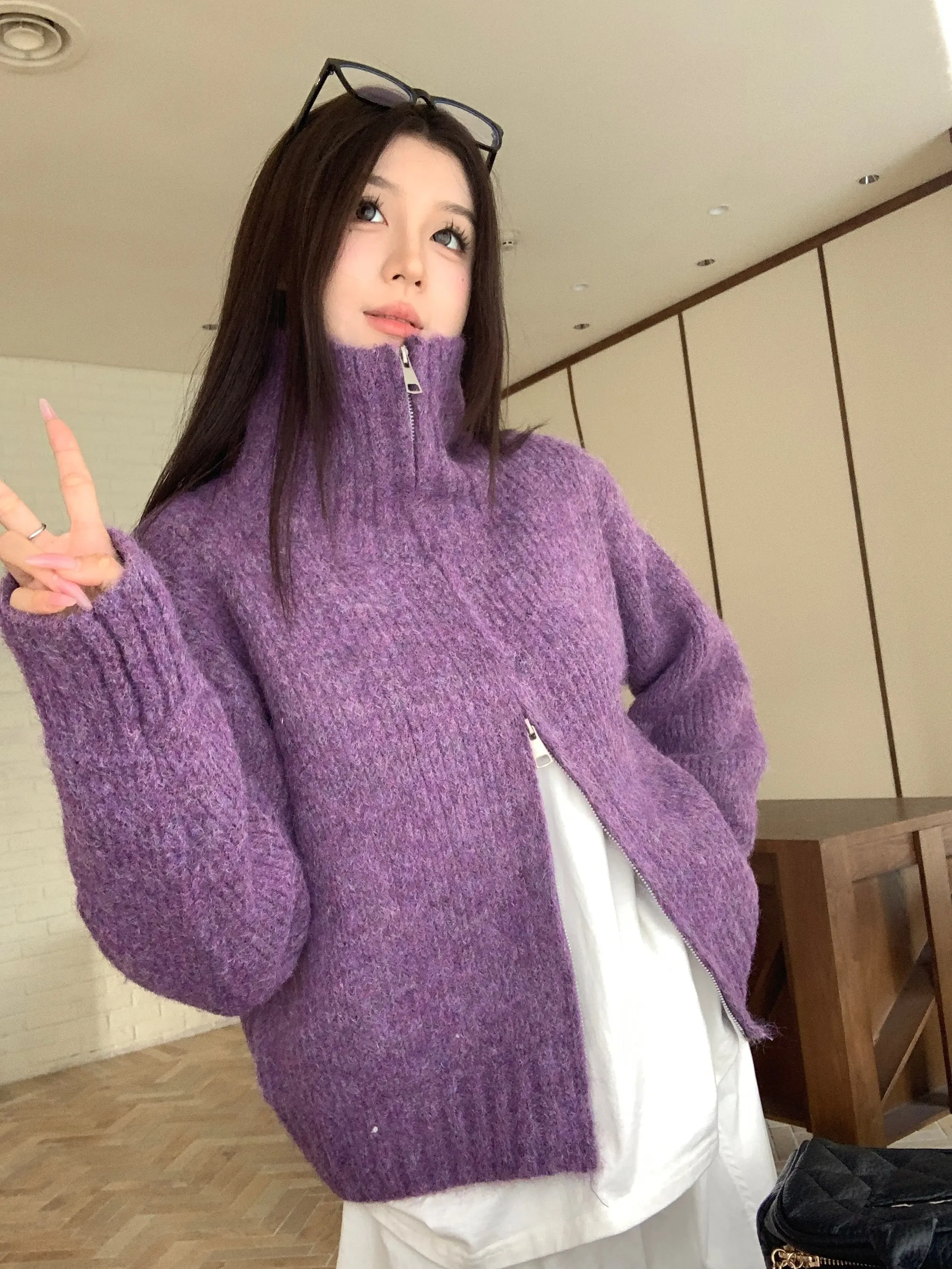 

Женский вязаный кардиган Kumikumi Design фиолетового цвета с двойной молнией, весенний, в винтажном стиле, приталенный, на пуговицах