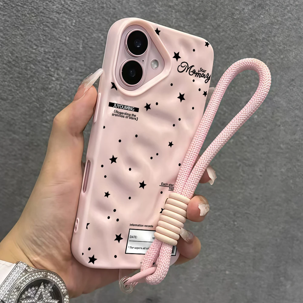 Sternen-Polka-Dots-Muster Falten-Silikon-Handyhülle für iPhone 17 15 13 11 12 14 16 17 Pro Max 15 Plus 17Air mit Lanyard-Abdeckung – Detail 8