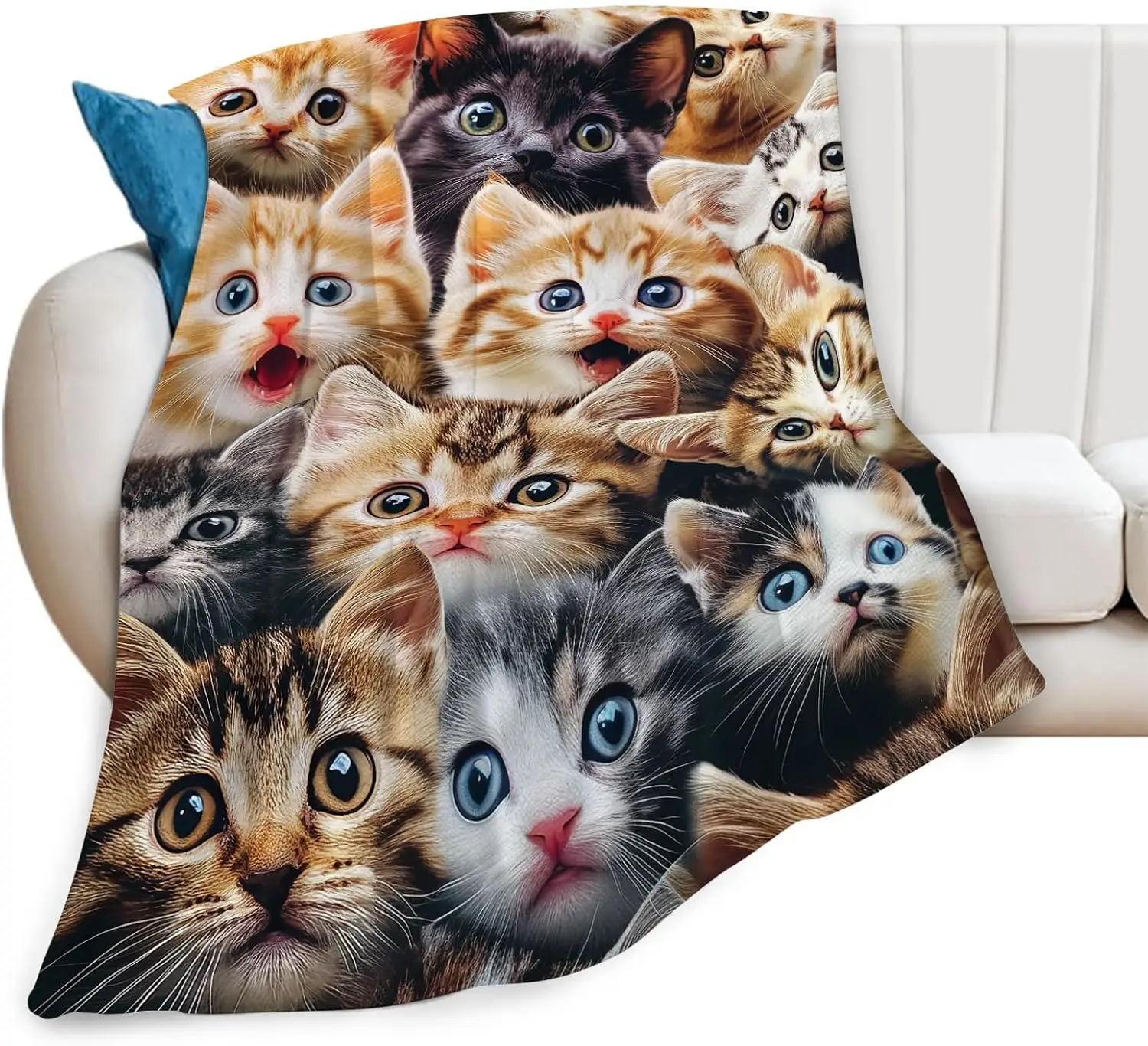 Multi Color Kitten Close Up Collage Realistic Print Flannel Throw Blanket, Soft Warm Sofa Cover, Pet Gift Bedroom Daily Rest Use