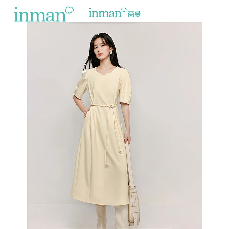 

INMAN Women's Dress Simple Temperament Pleated Design 2024 Autumn Flower bud sleeves Cotton rope waist slimming Female Frock