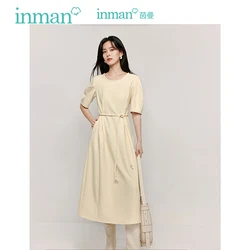 INMAN Women's Dress Simple Temperament Pleated Design 2024 Autumn Flower bud sleeves Cotton rope waist slimming Female Frock