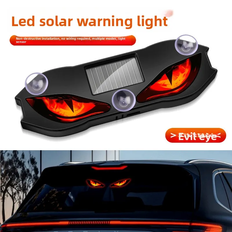 Solar Devil Eye LED Warning Light Car Rear Window Suction Cup Solar Powered Type-C 4 Modes Vibration Sensor Car Truck Decor