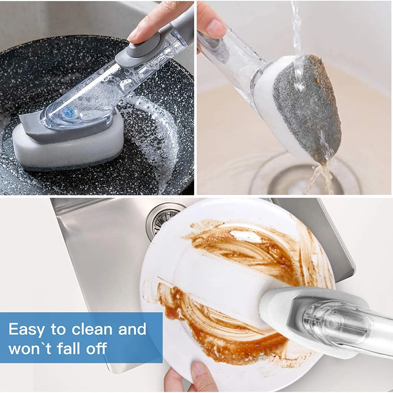 Replaceable Cleaning Brush With Refill Liquid Handle Scouring Pad Sponge Brush Dispenser Dish Scrubber Home Washing Tool VC