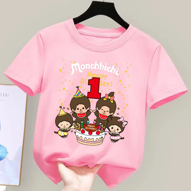 

Monchhichi Birthday T-shirt Children Clothing Boy Girl Cartoon Anime Shirts Cute Party Tops Summer Cotton Tee Kids Homewear Gift