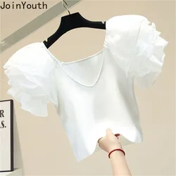 Summer Woman T Shirts V-neck Puff Sleeve Tuic White Tees Crop Tops 2024 Ropa Mujer Fashion Korean Knit Thin Temperament Tshirts