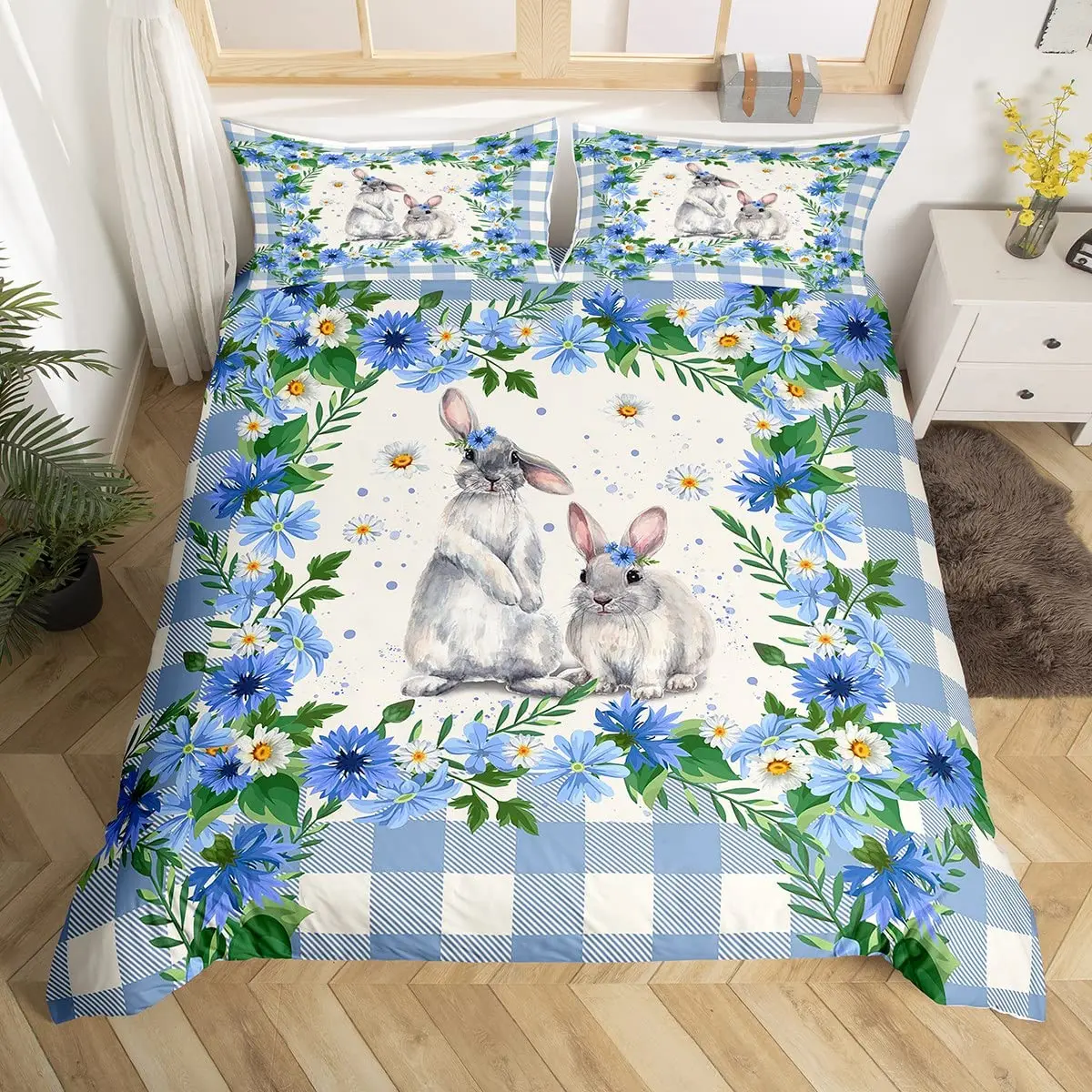 

Rabbit Comforter Cover Full,Pink Floral Bedding Sets Girls Women Cute Bunny Duvet Cover Bedroom Decor 3Pcs with 2 Pillow Case
