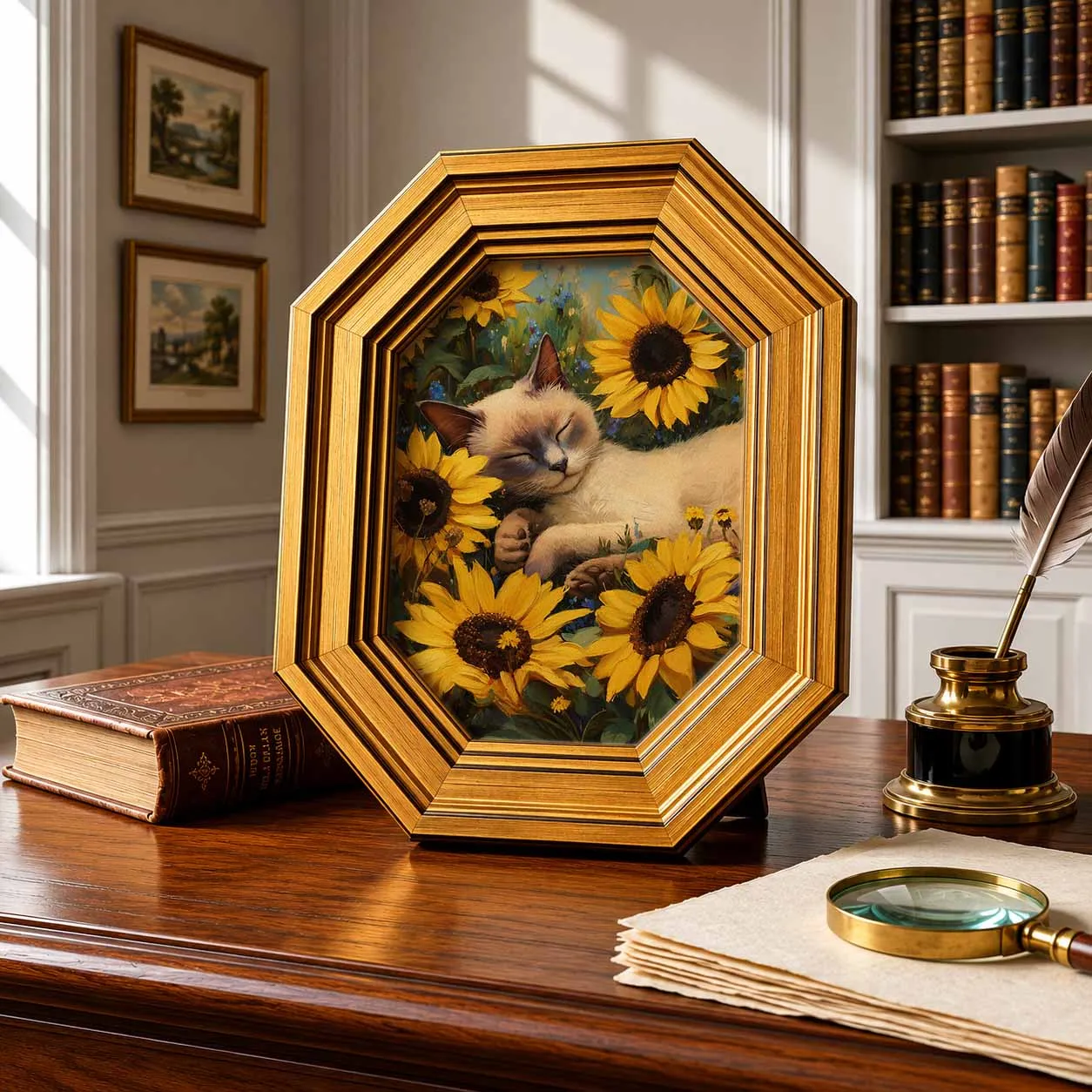 Vintage Octagon Gold Frame Sleep Cat Sunflower Print, Dual Use Tabletop Hanging Cottagecore Floral Animal Wall Decor