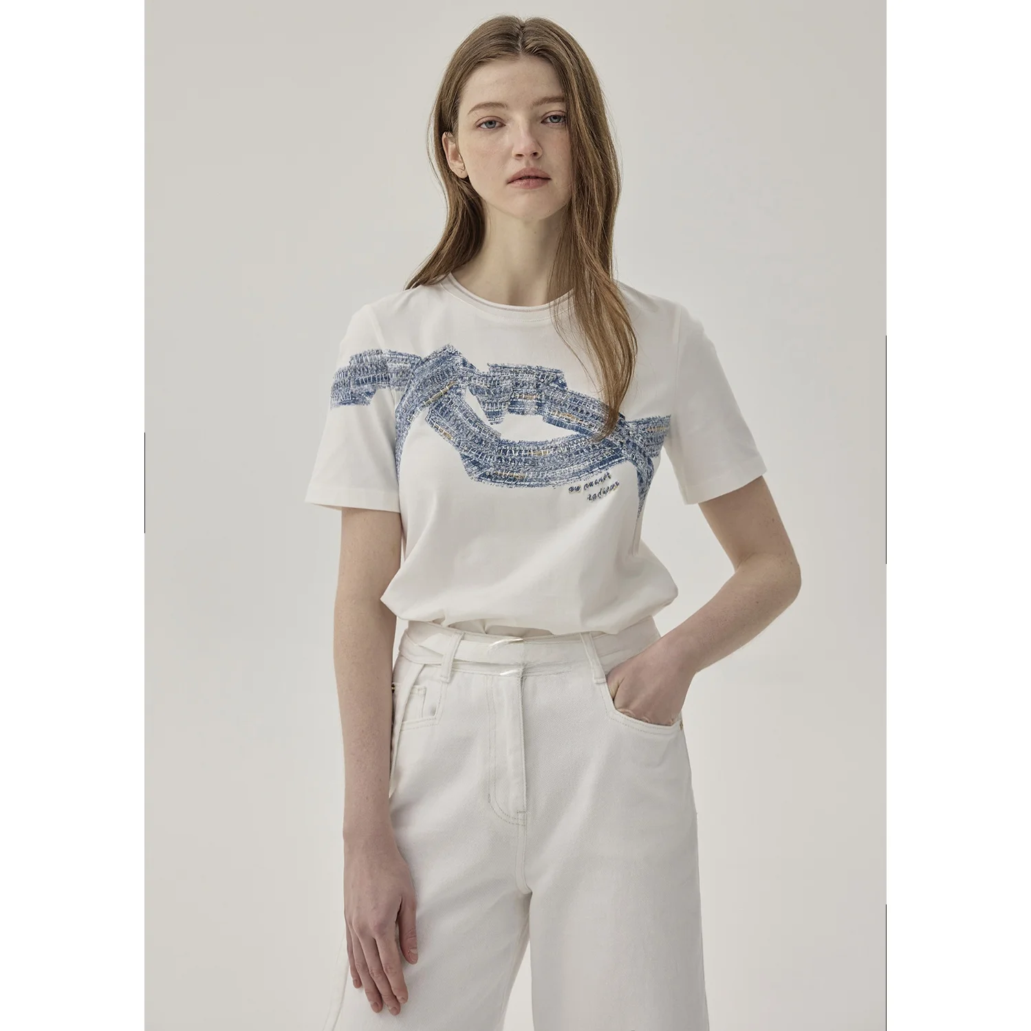 Ultra-Heavyweight 00% Cotton round Ne Sequin Embroidery ort Sve Slimming Top Commute Versatile Korean Sle T-irt