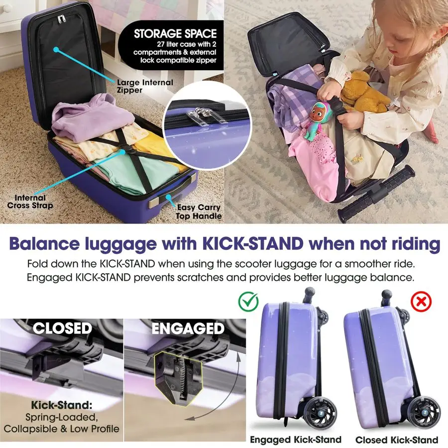 

4in1 Scooter Luggage for Kids RideOn Suitcase with Removable Luggage Body, Adjustable Handlebar, Durable Deck amp Brake, CarryOn