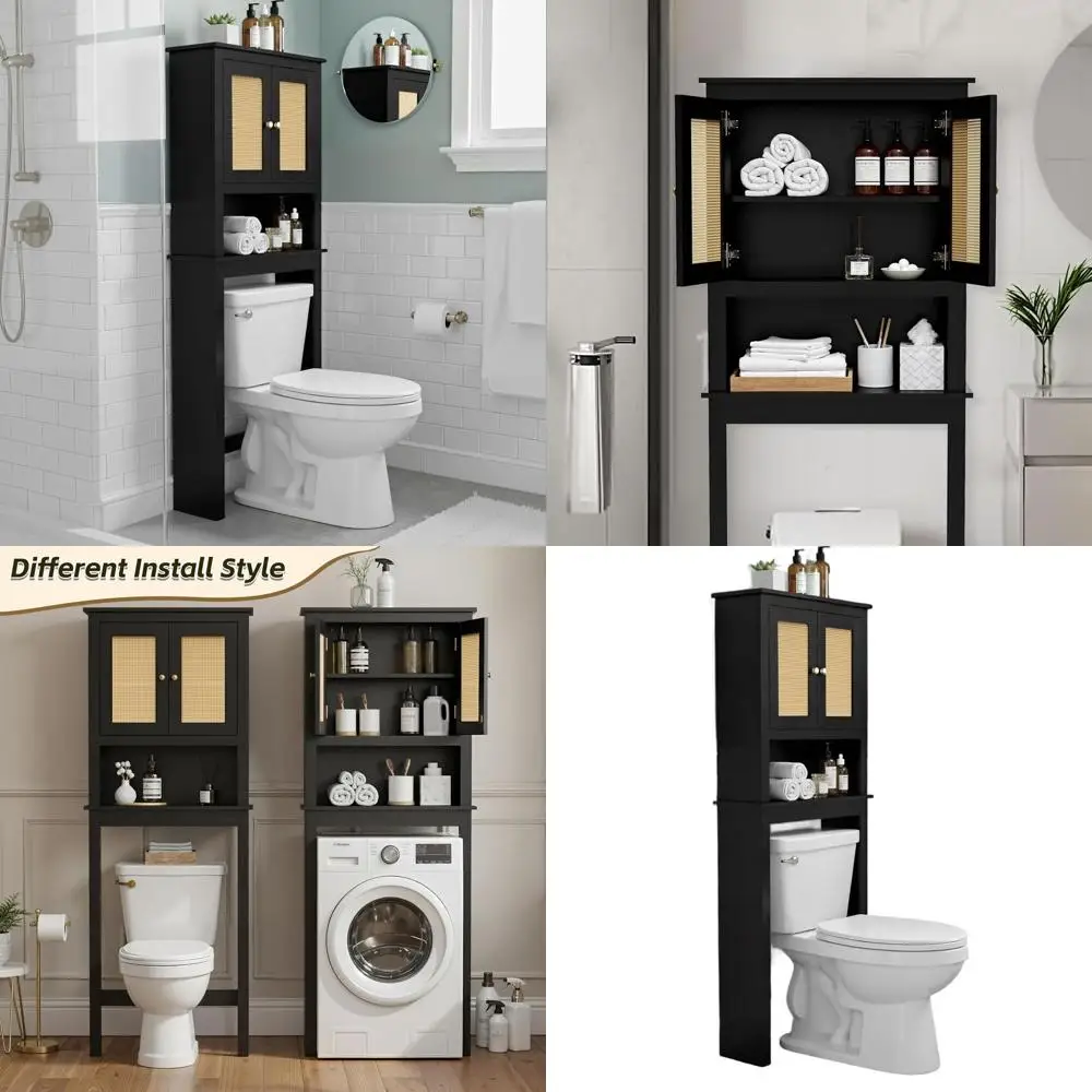 

Space-Saving Toilet Storage Cabinet with Adjustable Shelves and Barn Door Design