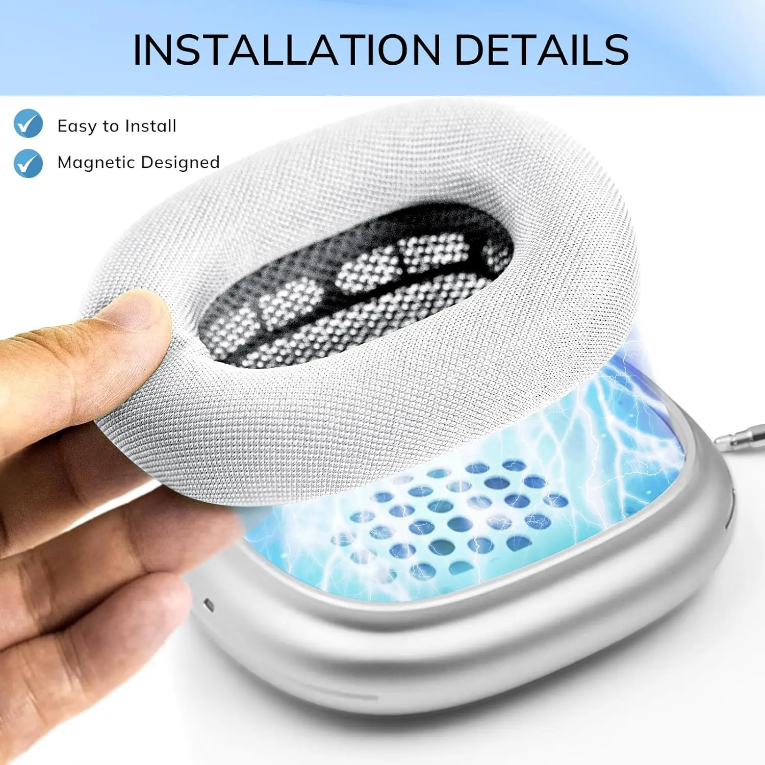 Ersatz-Ohrpolster aus Original-Mesh-Gewebe für AirPods Max Kopfhörer, magnetische Ohrpolster, Kopfhörer-Ohrenschützer, Kissen – Detail 1