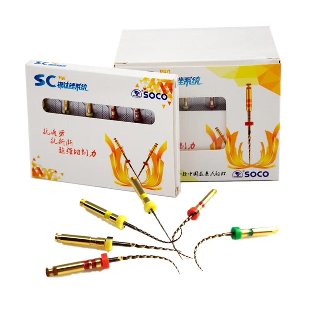 Pilniki endodontyczne Dental SOCO PRO COXO do kanałów korzeniowych, złote, termoaktywne, rotacyjne, o różnym stożku, elastyczne materiały dentystyczne.
