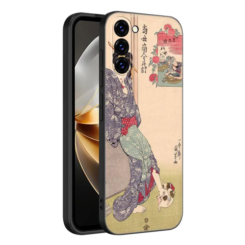 Ukiyo-e Japanese Style Art Black Silicone Phone Case For Samsung Galaxy S23 S21 S20 FE S24 S22 Ultra S10E S10 S9 S8 Plus