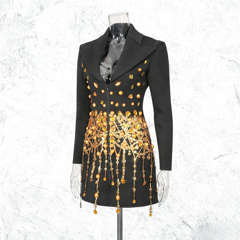 Personality diamond sequined fringed small suit temperament waist thin long sleeve dress women