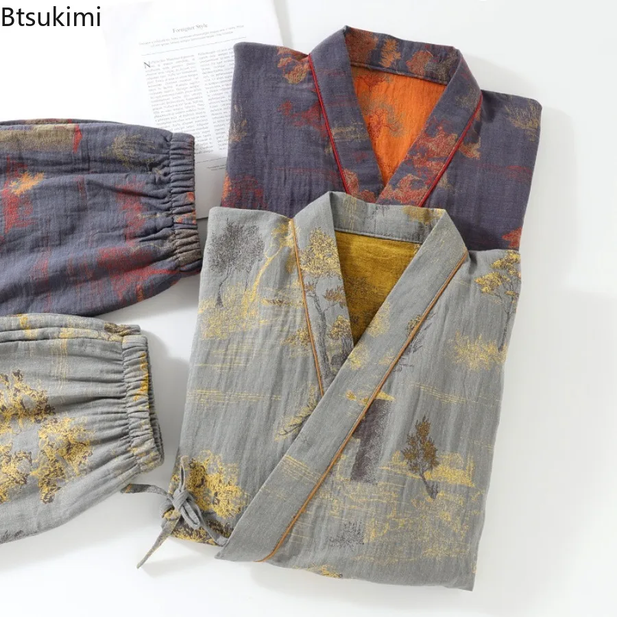 Men's Roomwear Cotton Kimono Pajamas Robes for Spring Jacquard Printed Home Clothing Medium Length Oversized Breathable Bathrobe