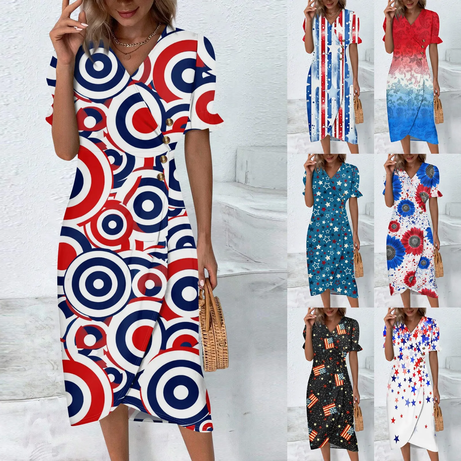 Summer Women's Dresses American Independence Day Print Midi Dress Ladies Casual Dress V Neck Dress Streetwear Clothes