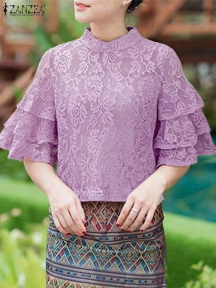 

Summer Lace Blouse Hollow Out Tops Women Ruffled Sleeve Blusas 2025 ZANZEA Casual Pullover Solid Color Blusas Bohemian Tops