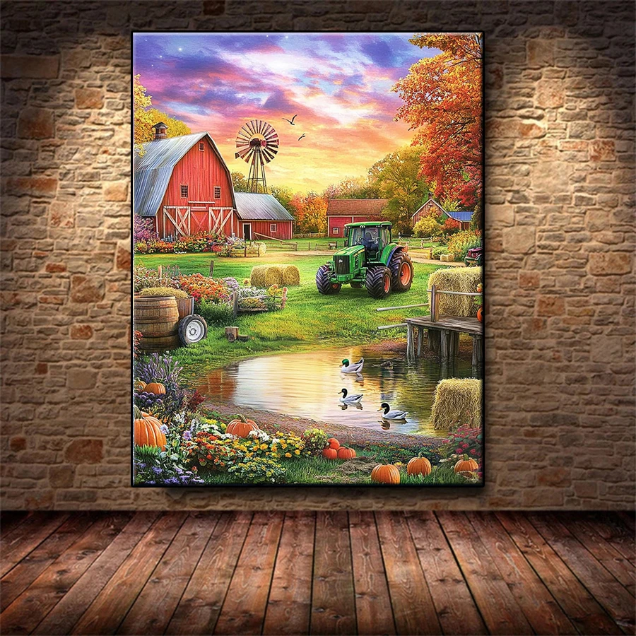 

Набор для вышивания алмазной мозаикой 5D DIY: Деревенский пейзаж с трактором и животными, алмазная живопись, вышивка крестом, декор для дома для взрослых
