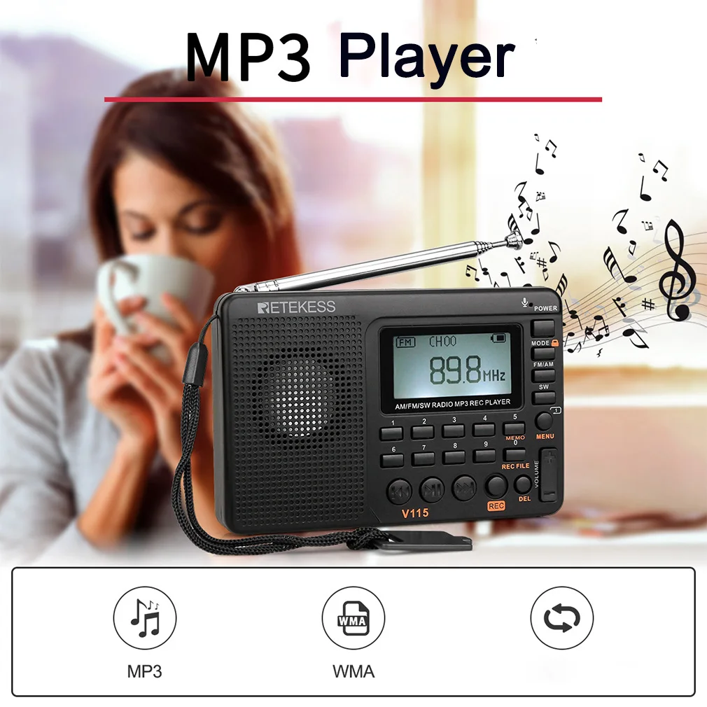 Hot V115 Radio FM AM SW Radio Portable Rechargeable Radio Battery Powered Full Wave USB Recorder Speaker For Christmas Gift