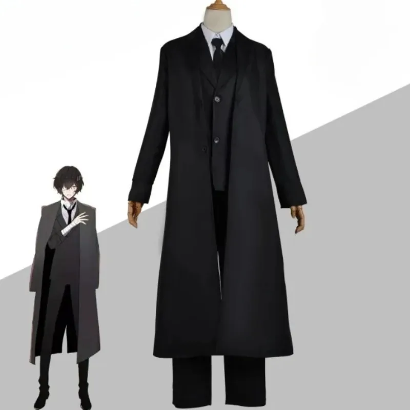 

2025 Anime Cosplay Osamu Dazai Costume Bungo Stray Dogs Black Wig Trench Coat Shirt Pants Customized Halloween Party Set for Men