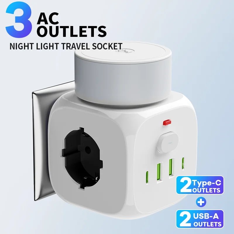 Enchufe europeo, toma de corriente, adaptador de enchufe, toma de corriente de pared, toma de corriente eléctrica, luz nocturna LED de tres velocidades