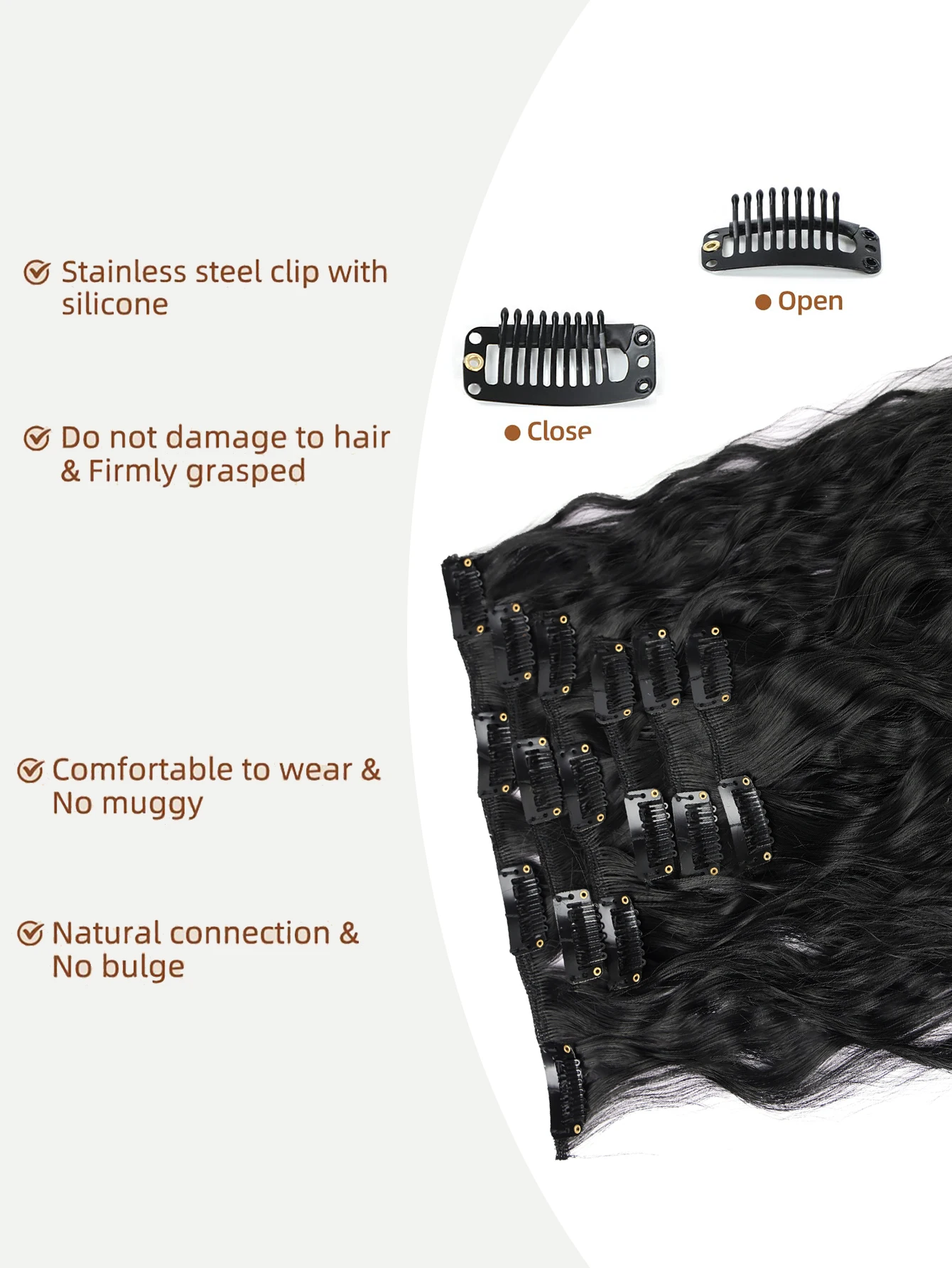 Clip in Long Wavy Synthetic Hair Extension 22 Inch Black 6PCS Thick Hairpieces Fiber Double Weft Hair for Women