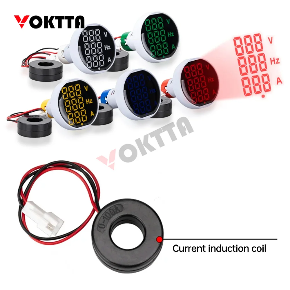 VOKTTA 49MM 3-in-1 Voltage Current Frequency Meter Round LED Digital Voltage Current Meter AC 60-500V 0-100A 20-75Hz