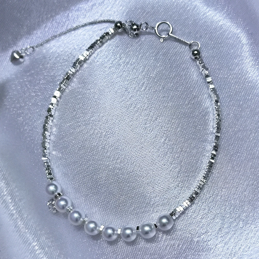 

4–5mm Cool-toned Gray White Real Pearl Bracelet with Textured Silver Perfect for Slender Wrist Must-have for Sophisticated Woman