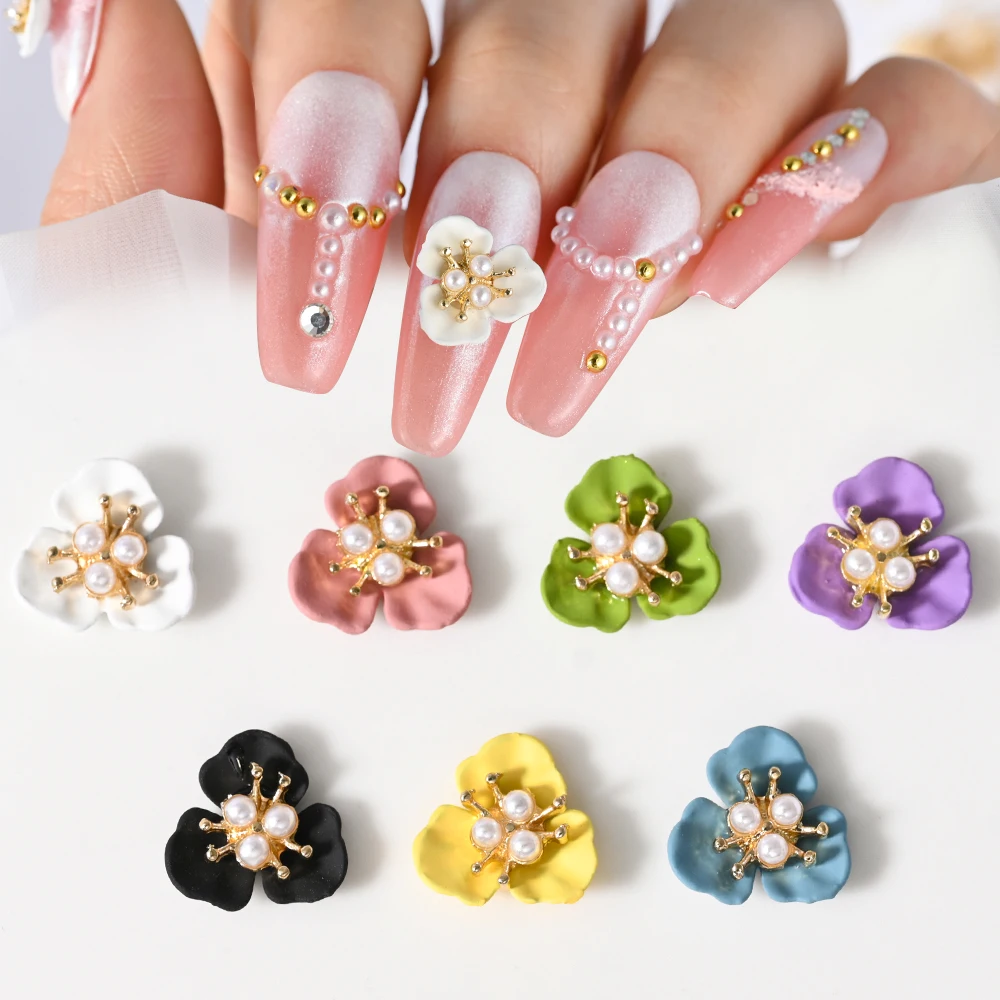 10pcs/lot Kawaii Pearl Flowers 3D Alloy Nail Art Charms 3-Petal Floret Acrylic Nail Rhinestone Alloy Pearl Manicure Decorations