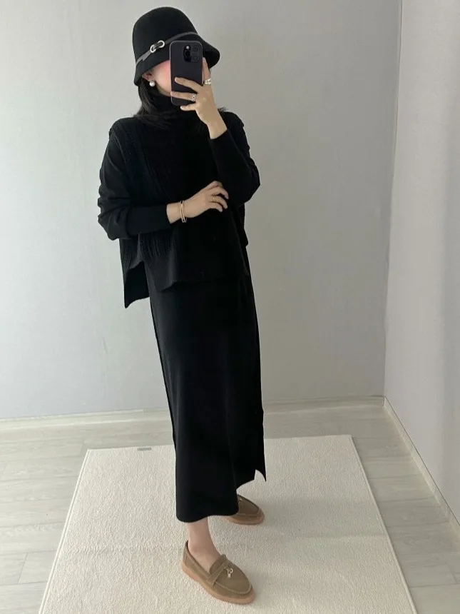 East Gate Ins Versatile Retro Twist Svel Knitted Sweater Vest Long Knitted Dr Two-Piece Set Loose Fit Spring Autumn ...