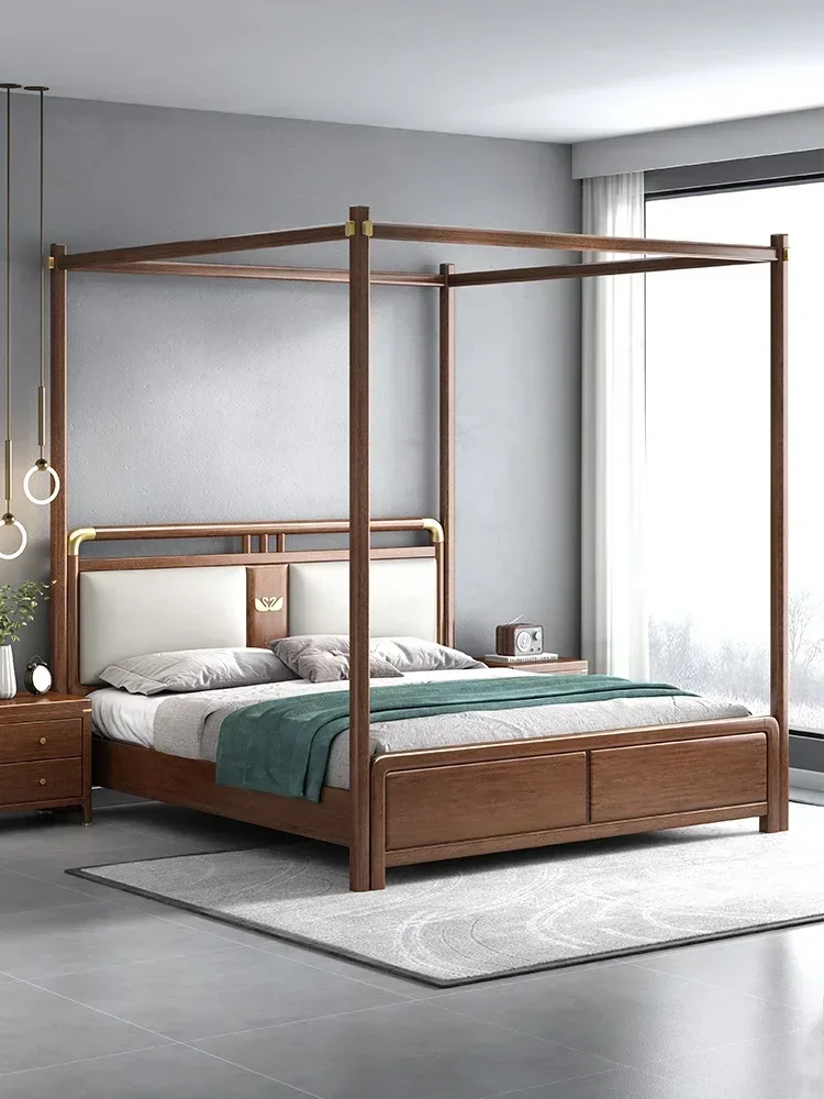 New Chinese Style Solid Wood Bed Walnut Master Bedroom Double Storage Bed Economical