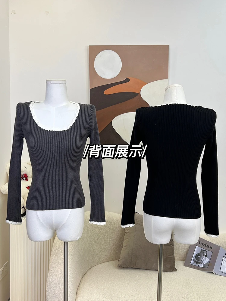 Autumn Winter Woman French Vintage Long Sleeve Slim Jumper Contrast Color Sweaters Aesthetic Jerseys Rom-com Core Tops Romantic