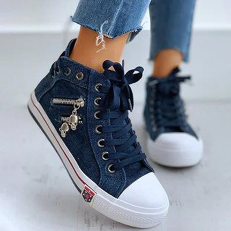 Wiosna/jesień obuwie trenerzy Walking Skateboard sznurowane Femmes kobiety moda Retro trampki Denim High Gang brezentowych butów