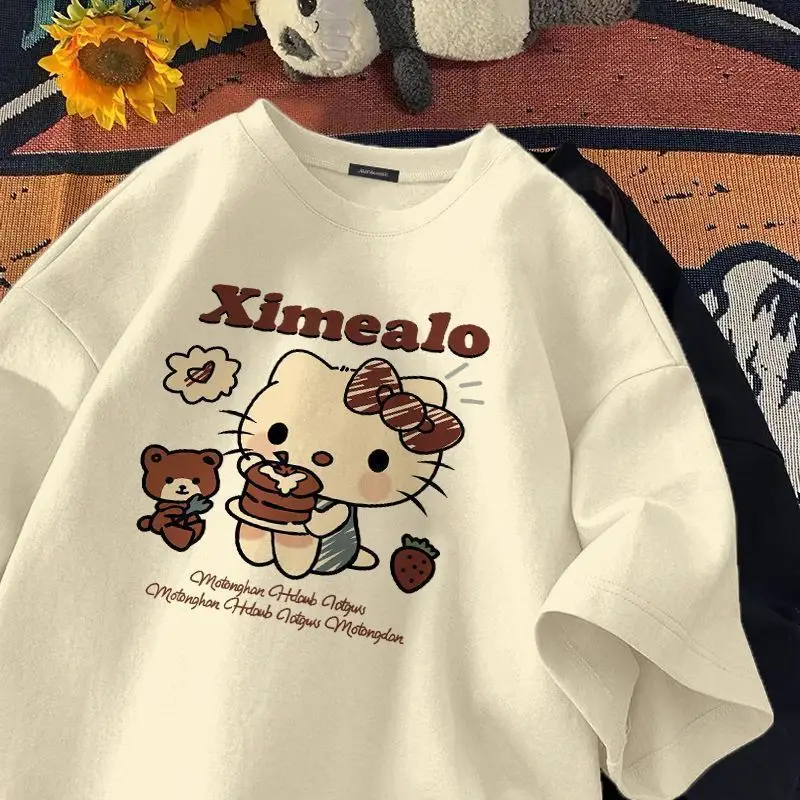 2024 Hello Kitty Sanrio T-shirt Kawaii Cartoon Print Cotton Tops O-neck Oversized Shirts Streetwear Splicing Top Women Clothing