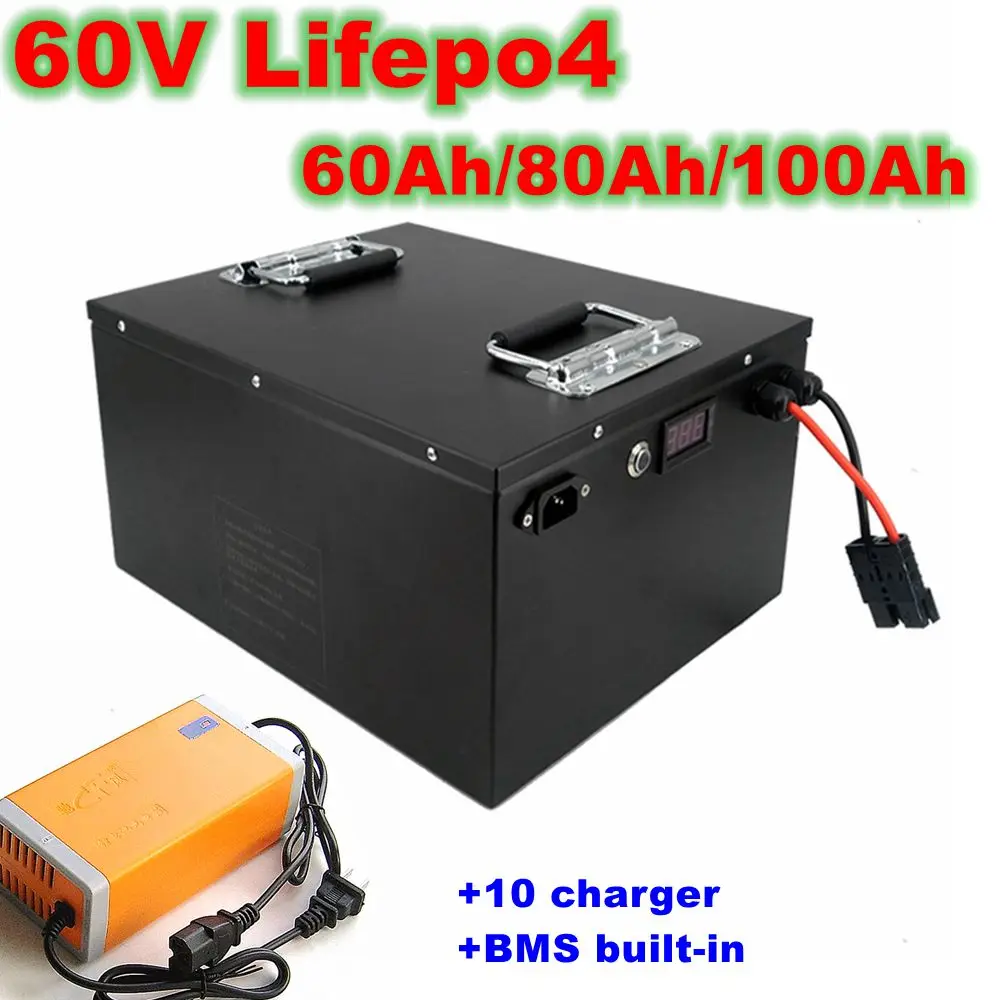 

60V 60Ah 80Ah 100Ah LiFepo4 lithium batetry for 6000W motorcycle scooter electric rickshaw Lead acid replacement +10A charger