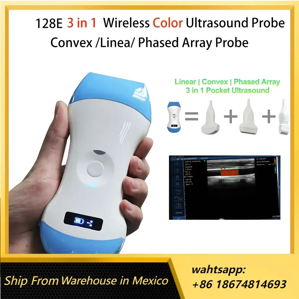 

128E 3 in 1 Ultrasound Probe Wireless Color Doppler Convex Linear Phased Array Probe support iOS Android Windows